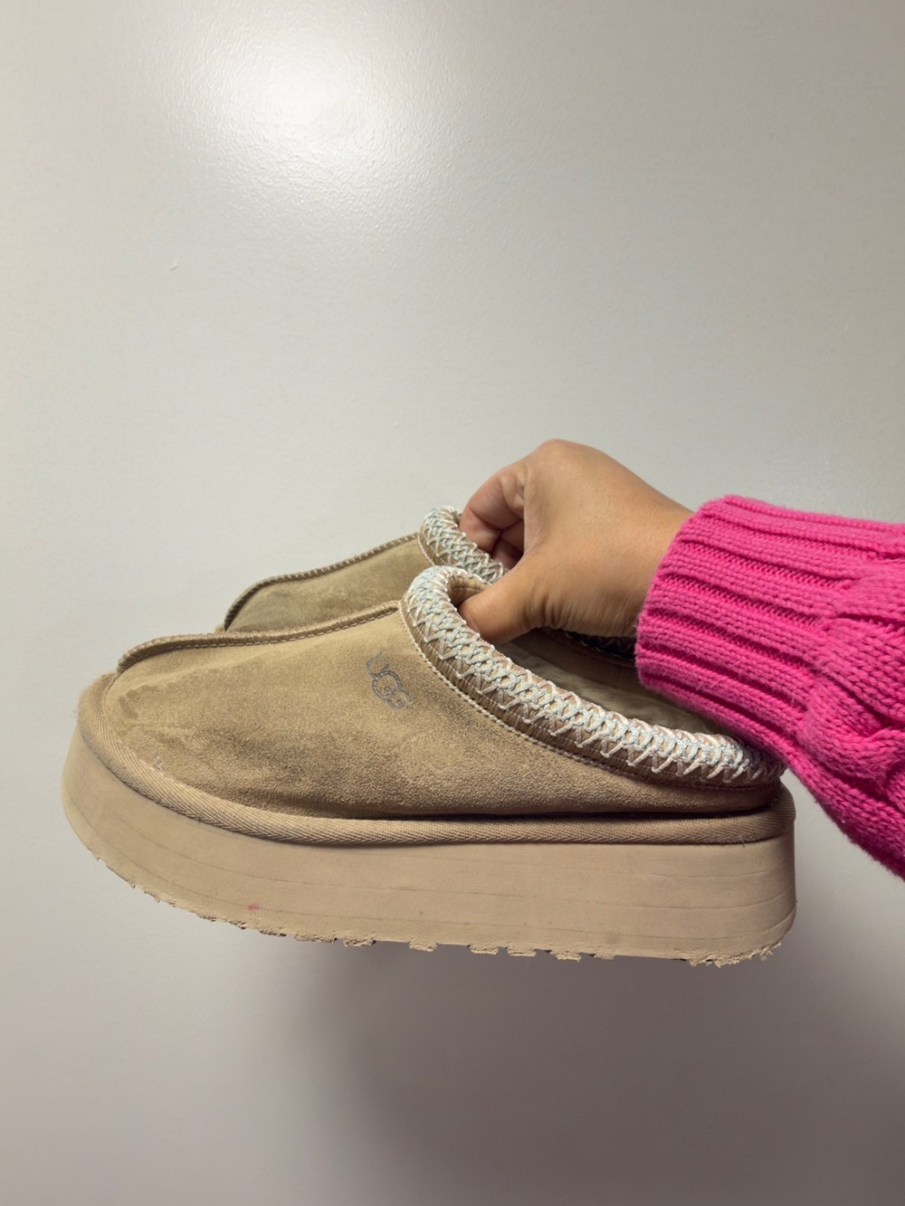 UGG Women's tasman Tan Suede Platform Clog Slippers with Braided Trim